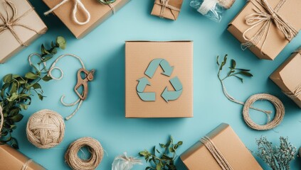 Eco-friendly packaging.  Recyclable gifts and supplies arranged on a light teal background.  Brown kraft paper boxes, twine, small plants, and a cardboard box with a recycling symbol