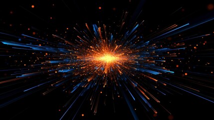 Naklejka premium Abstract burst of light and energy, radiating outwards in orange and blue streaks against a black background.