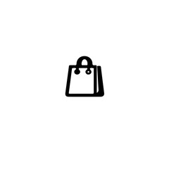 A simple black and white graphic icon of a shopping bag with two handles