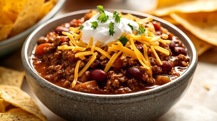Fototapeta premium Hearty Chili Topped with Shredded Cheese and Sour Cream in a Bowl