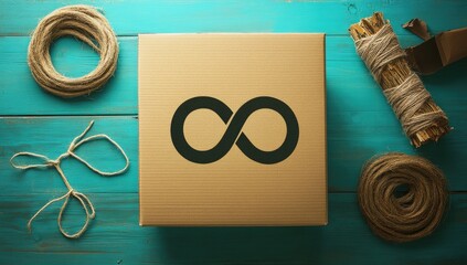 Cardboard box with infinity symbol, surrounded by twine and dried plant material on teal wooden background