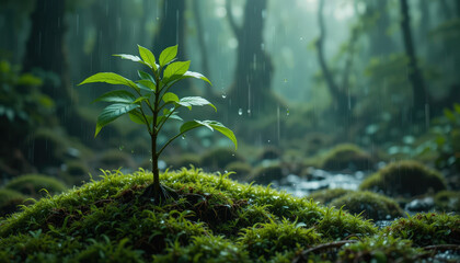 Fototapeta premium Nurturing growth young plant emerging in rainy forest nature photography lush environment close-up view