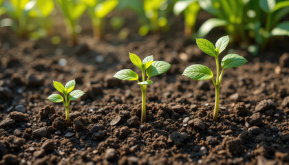 Fototapeta premium Plant growth stages in fertile soil garden nature photography bright environment close-up view sustainable development