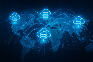 Fototapeta premium Global cloud computing network with pulsing cloud servers on world map connected by fiber optic lines and binary trails, symbolizing real-time data exchange and digital infrastructure 