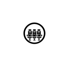 A black and white icon depicting three seats arranged in a circular frame