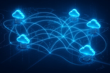 Global cloud computing network with pulsing cloud servers on world map connected by fiber optic lines and binary trails, symbolizing real-time data exchange and digital infrastructure
