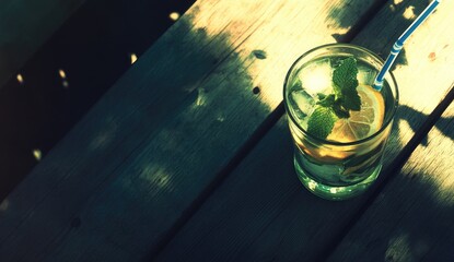 Refreshing iced drink on rustic wooden table
