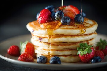 Stacked pancakes topped with fresh berries and honey drizzle
