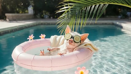 Piglet relaxing in a pool float with cucumber eye mask under a palm tree