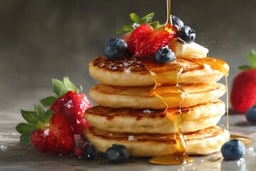 Stack of fluffy pancakes, topped with fresh berries and drizzled with golden syrup