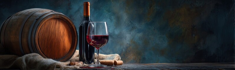 Still life of a wooden barrel, wine bottle, and glass of red wine.  Dark background