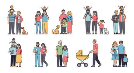 Fototapeta premium Diverse illustrations depicting various family units, showcasing different compositions and interactions.