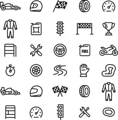 Motorsports Vector Icon Set with Adjustable Line Weight Featuring Racing Car, Motorcycle, Helmet, Trophy, Oil, Engine, Pit Stop, Fuel, Flag, Speed, and Competition Symbols © Suriya