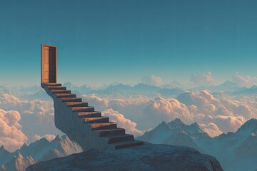 A stone stairway leading to an open door, perched on a mountain ridge above clouds, bathed in a soft sunset light