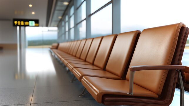 Waiting area with empty brown chairs in modern airport terminal during cloudy weather