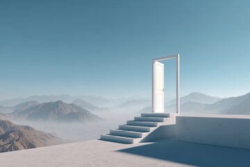 A white door, a pathway, and mountains.  A minimalist scene of a white door situated at the top of steps, overlooking a misty mountain range.  Peaceful, serene, and inspirational