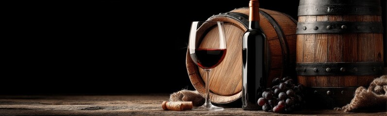 Still life of red wine, wooden barrel, and grapes