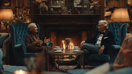 Elegant Conversation by Fireplace: Two distinguished figures engage in a deep, intimate conversation over coffee, nestled in the inviting warmth of a crackling fireplace.
