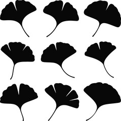 Vector art of nine black ginkgo leaves on white background