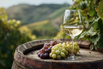 White wine glass, grapes on weathered barrel. Vineyard backdrop