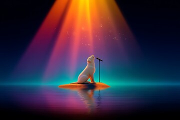 Singing dog on stage: cute animal art, spotlight performance, colorful background