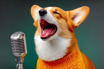 Singing corgi dog with microphone: funny animal picture