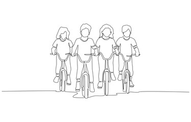 Continuous one line drawing of four children riding bicycles together, outdoor play, and the joy of childhood exploration concept, single line art