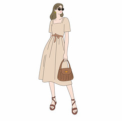 Woman in a beige midi dress with puff sleeves, carrying a brown handbag. A soft, feminine summer look perfect for fashion branding, lifestyle designs, and beauty visuals.