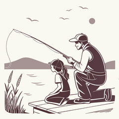 Father daughter fishing together on wooden pier reel