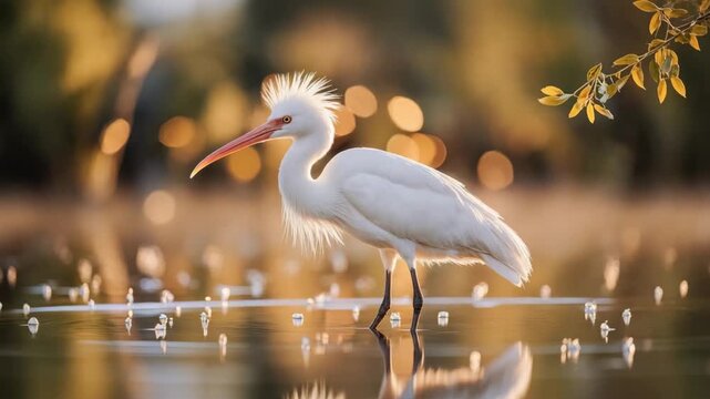 Striking White Cattle Egret Standing in Shallow Water at Sunrise