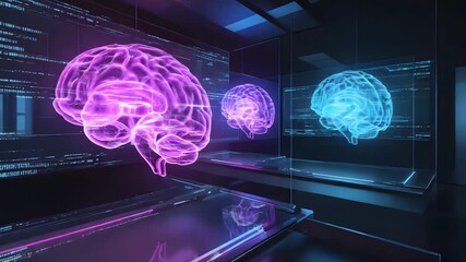 Brain ai technology digital intelligence neural network machine learning deep learning concept art. Future brain hologram in hi-tech lab. Digital brain technology in office scene - Powered by Adobe