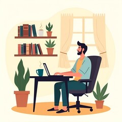 Modern workspace with freelancer and indoor plants