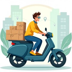 Delivery man riding electric bike with package