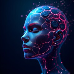 Glowing AI mask with electric circuit web