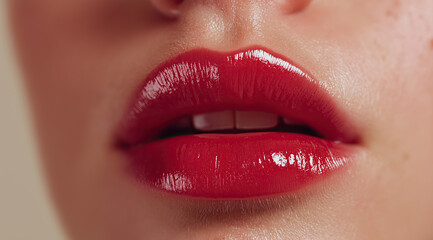 Naklejka premium Glossy crimson lipstick adorns perfectly shaped feminine mouth in stunning close-up beauty portrait.