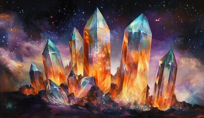 Vast, crystalline structures ablaze with otherworldly light, set against a backdrop of a starry night sky