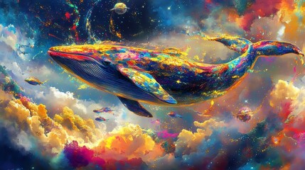Colorful whale swimming in vibrant cosmic cloudscape.