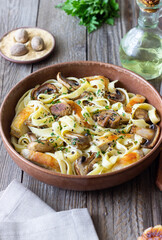 Fettuccine pasta with chicken and mushrooms in creamy sauce. Italian cuisine. Recipe.