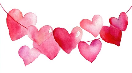 Watercolor hearts strung on a line.