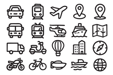 Fototapeta premium Hand drawn black transportation and travel icons on white