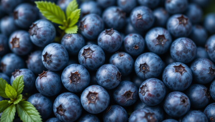 Сlose-up of blueberries, showcasing their deep blue color, round shape, and characteristic crown. AI generated.
