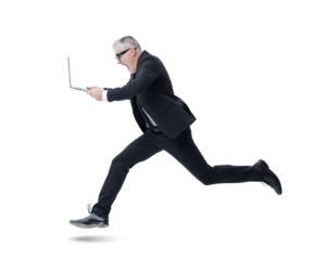 Side view of a businessman holding a laptop, running in fear and screaming, isolated on white background.9