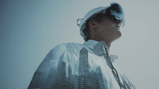A portrait of an engineer wearing a white helmet and augmented reality glasses with a double exposure effect, overlaying a digital building model on a cityscape background. 