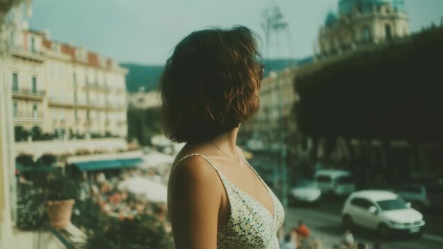 Elegant woman in white dress enjoying Mediterranean coastal town view. Vintage film aesthetic. Summer vacation, retro fashion, and European travel concept. Dreamy nostalgic atmosphere.