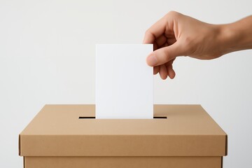 Man's hand inserting a blank white ballot into a cardboard box on a plain background, concept for democratic election participation, community decision making, and civic duty initiative