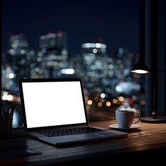 Laptop on a desk at night, city lights visible through window