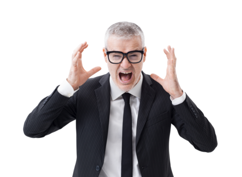 Portrait of a middle-aged businessman screaming and despairing, half-length isolated on white background - Powered by Adobe