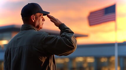 Veteran saluting at sunset against the backdrop of an American flag