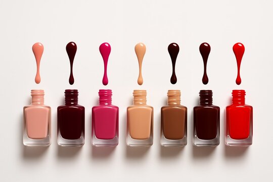 Assortment of vibrant nail polish bottles with matching drops on a clean background, concept for beauty product demonstration, nail salon advertisement and manicure tutorial illustration