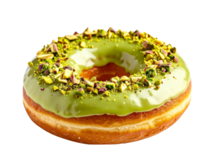 Pistachio donut with crunchy topping on transparent background